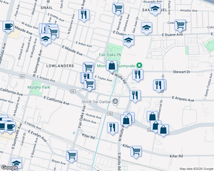 map of restaurants, bars, coffee shops, grocery stores, and more near 388 Santa Elena Terrace in Sunnyvale
