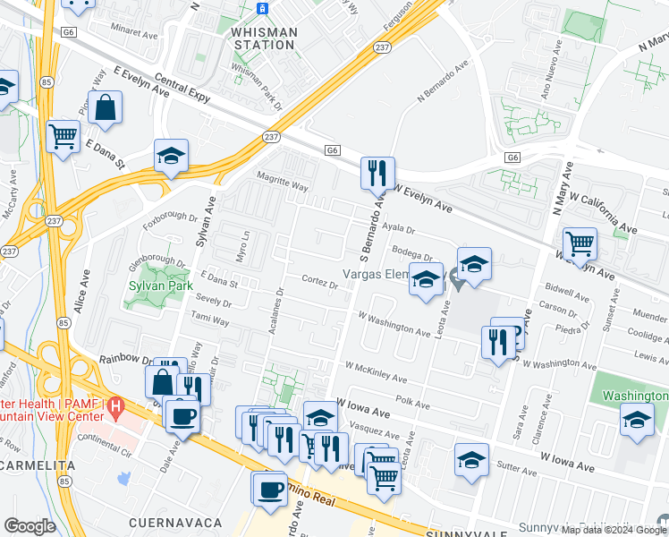 map of restaurants, bars, coffee shops, grocery stores, and more near 13 Balboa Court in Sunnyvale