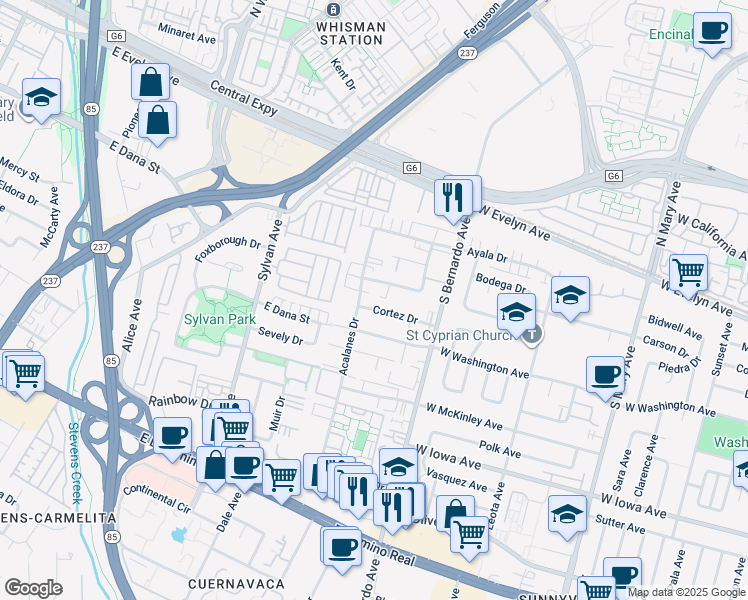 map of restaurants, bars, coffee shops, grocery stores, and more near 1271 Coronado Drive in Sunnyvale