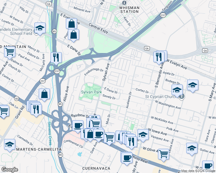 map of restaurants, bars, coffee shops, grocery stores, and more near 4 Althea Lane in Mountain View