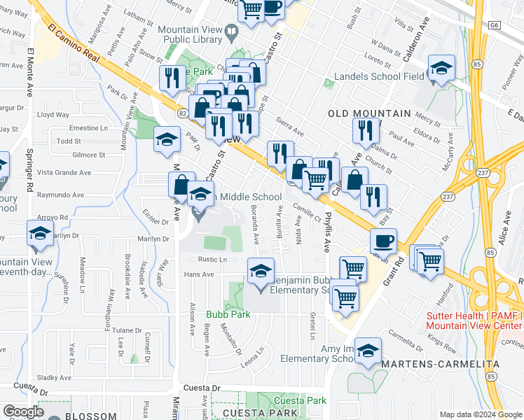 map of restaurants, bars, coffee shops, grocery stores, and more near 991 Boranda Avenue in Mountain View