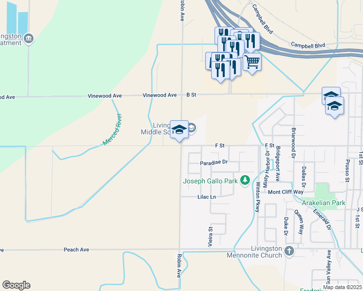 map of restaurants, bars, coffee shops, grocery stores, and more near 101 F Street in Livingston