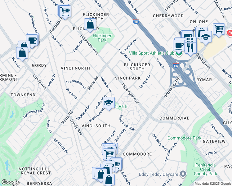 map of restaurants, bars, coffee shops, grocery stores, and more near 1272 Donohue Drive in San Jose
