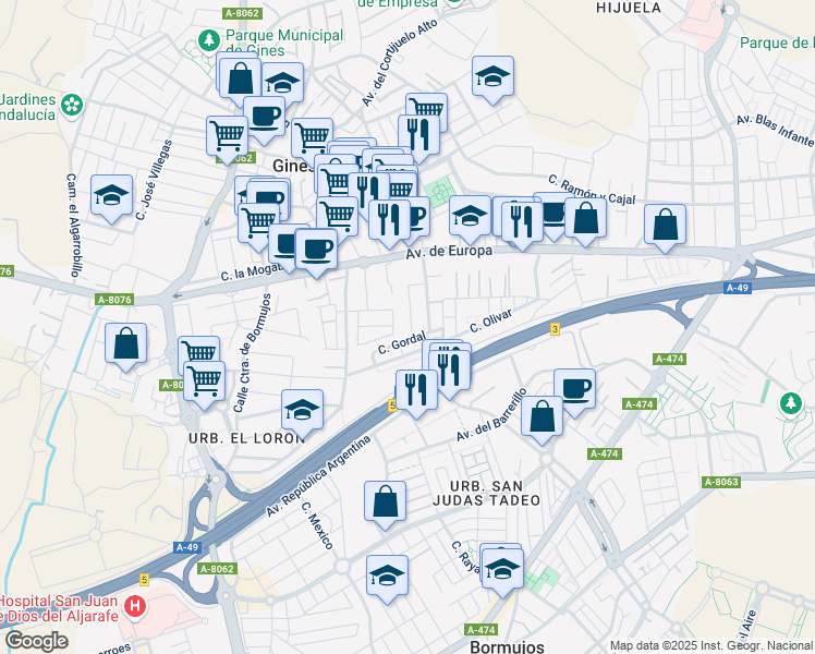 map of restaurants, bars, coffee shops, grocery stores, and more near 32 Calle Santa Ángela de la Cruz in Gines