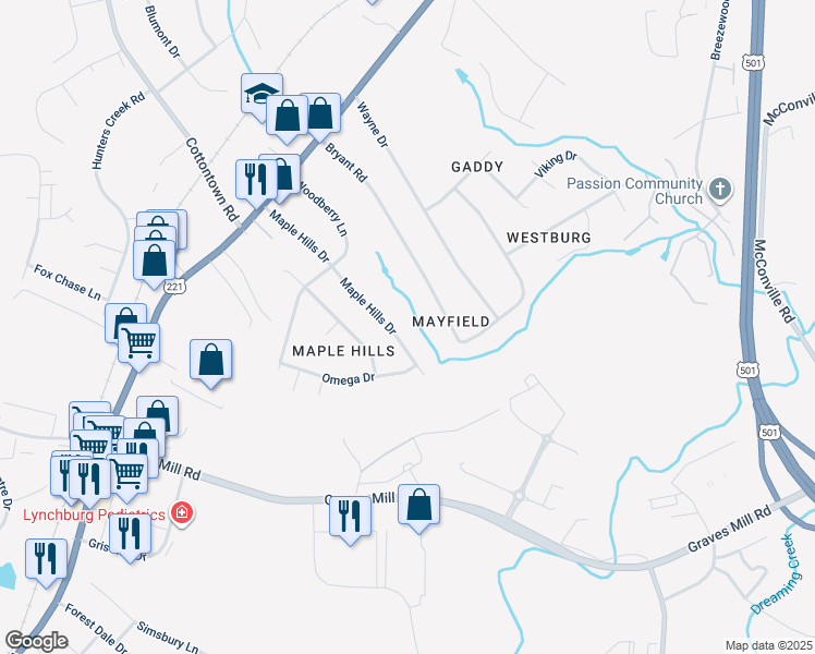 map of restaurants, bars, coffee shops, grocery stores, and more near 221 Maple Hills Drive in Lynchburg