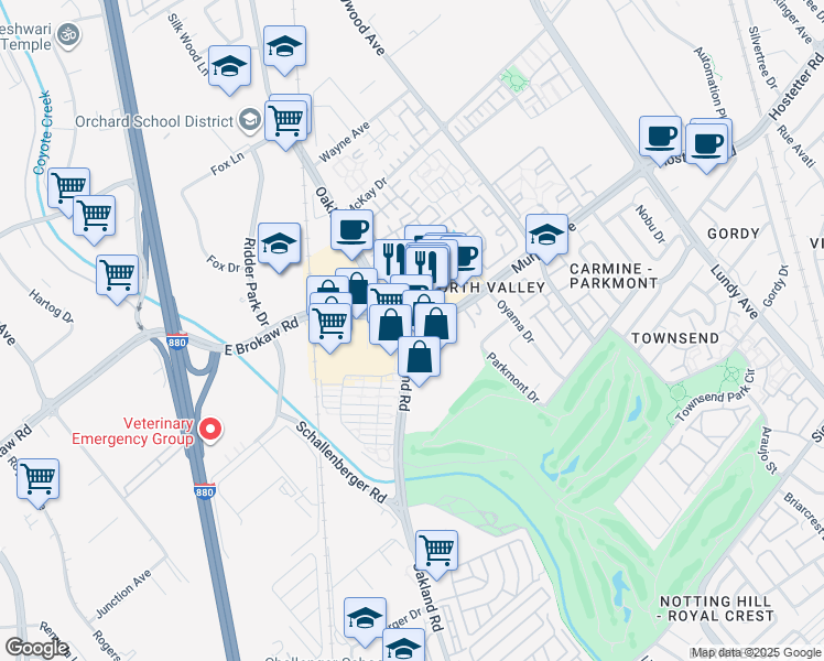 map of restaurants, bars, coffee shops, grocery stores, and more near 1704 Oakland Road in San Jose