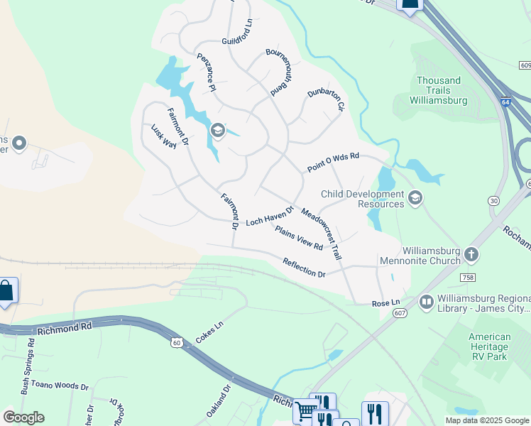 map of restaurants, bars, coffee shops, grocery stores, and more near 8541 Ashington Way in Williamsburg