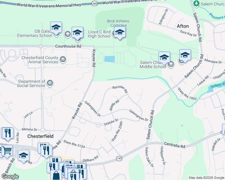 map of restaurants, bars, coffee shops, grocery stores, and more near 6236 Barrister Road in Chesterfield