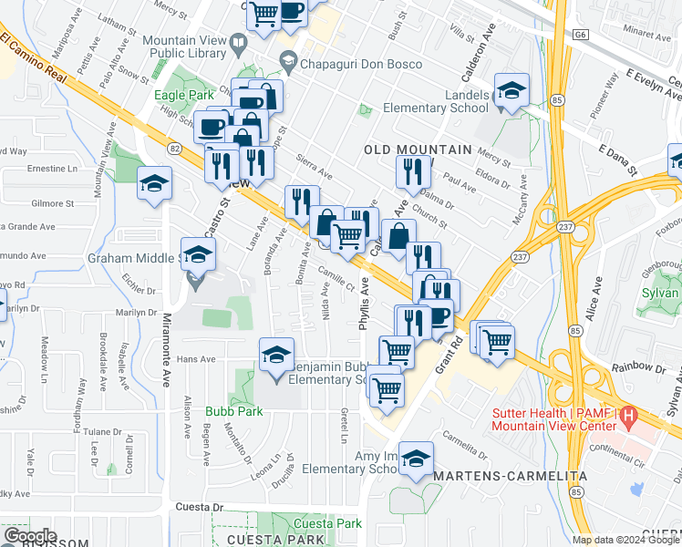 map of restaurants, bars, coffee shops, grocery stores, and more near 326 Camille Court in Mountain View