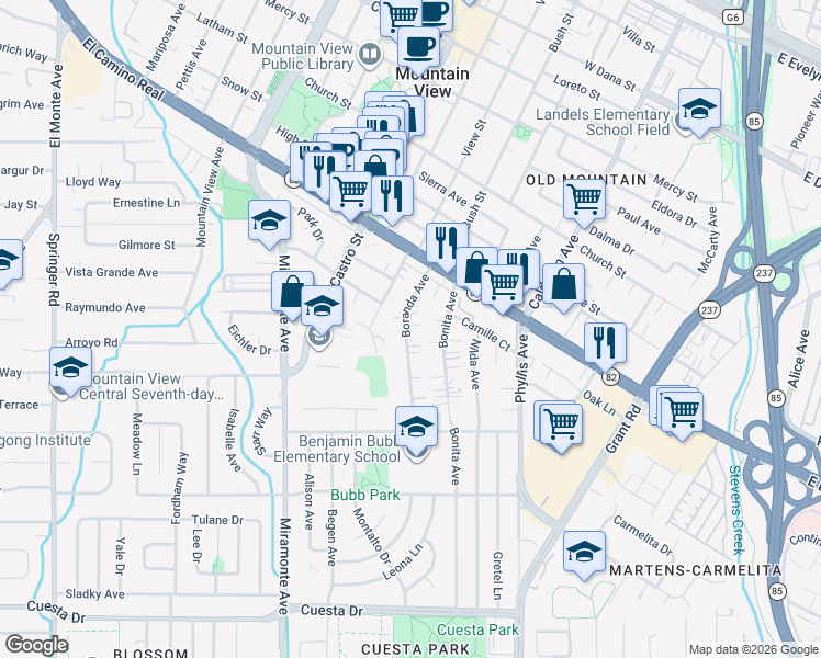 map of restaurants, bars, coffee shops, grocery stores, and more near 1025 Boranda Avenue in Mountain View