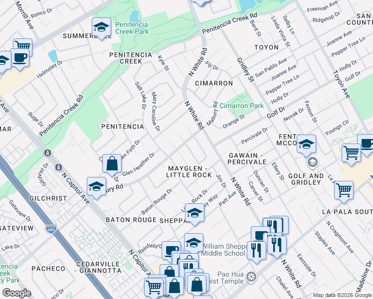 map of restaurants, bars, coffee shops, grocery stores, and more near 691 Royal Glen Drive in San Jose
