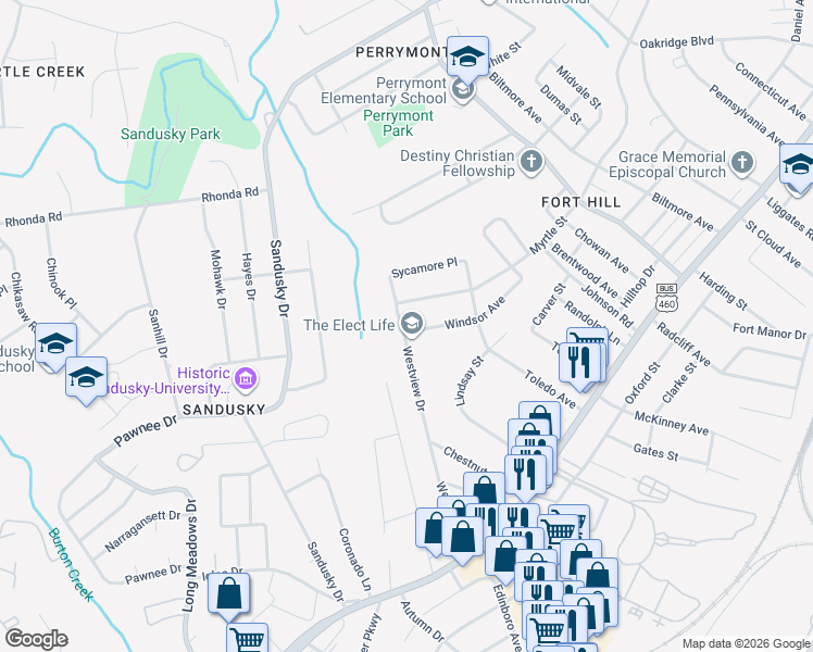 map of restaurants, bars, coffee shops, grocery stores, and more near 4922 Myrtle Street in Lynchburg
