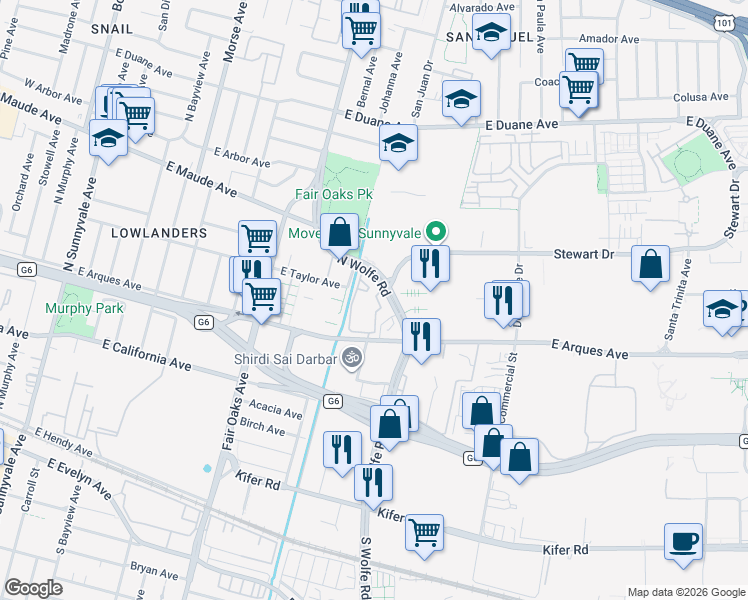 map of restaurants, bars, coffee shops, grocery stores, and more near 355 North Wolfe Road in Sunnyvale