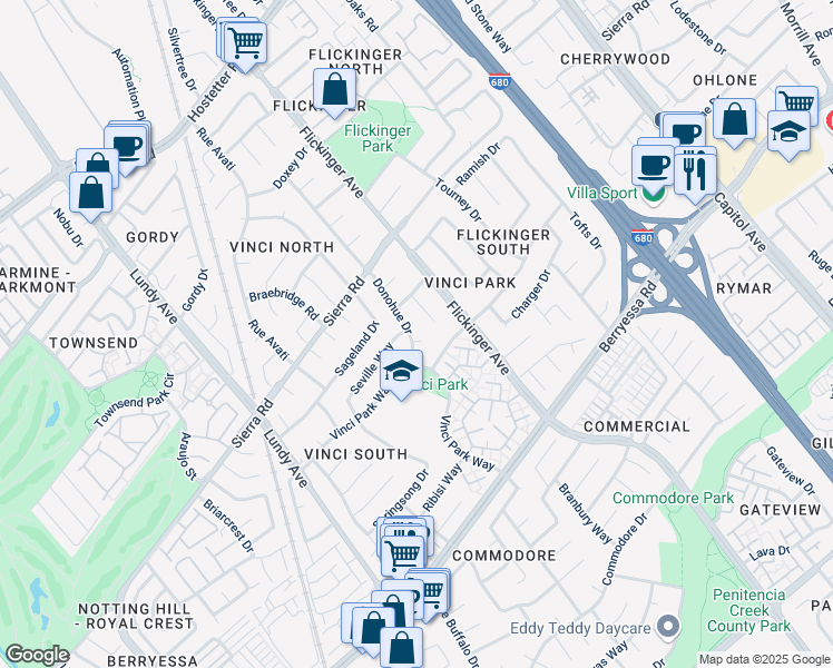 map of restaurants, bars, coffee shops, grocery stores, and more near 1273 Ballard Court in San Jose