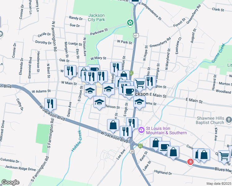 map of restaurants, bars, coffee shops, grocery stores, and more near 209 West Main Street in Jackson
