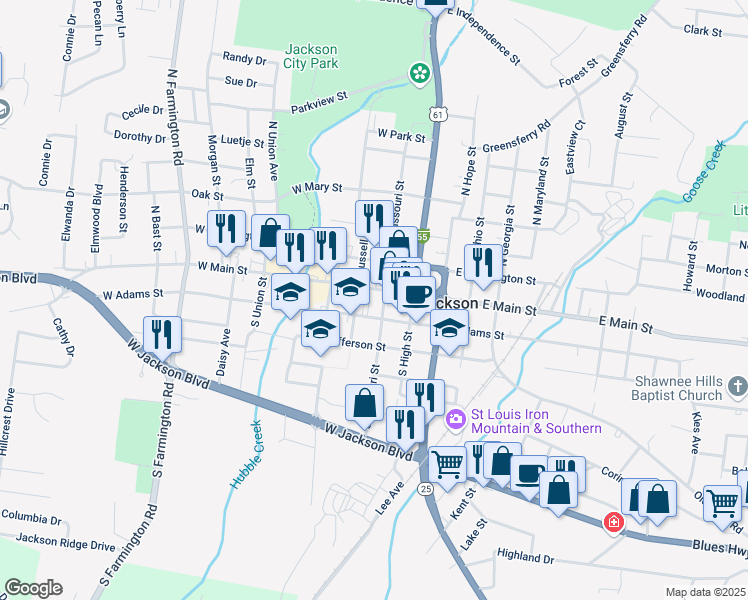 map of restaurants, bars, coffee shops, grocery stores, and more near 209 West Main Street in Jackson