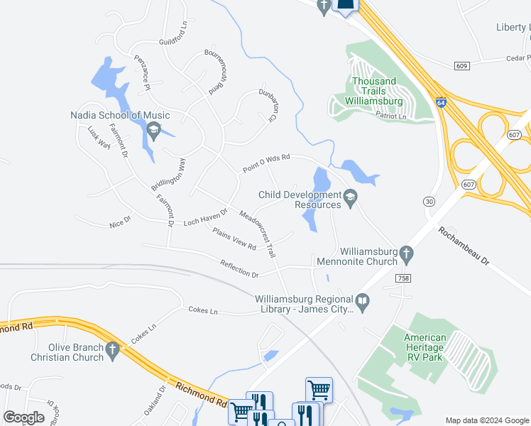 map of restaurants, bars, coffee shops, grocery stores, and more near 104 Lakepoint Court in Williamsburg