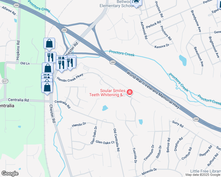 map of restaurants, bars, coffee shops, grocery stores, and more near 3637 Hamlin Creek Parkway in Chester