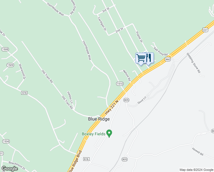 map of restaurants, bars, coffee shops, grocery stores, and more near 187 Thornblade Way in Blue Ridge