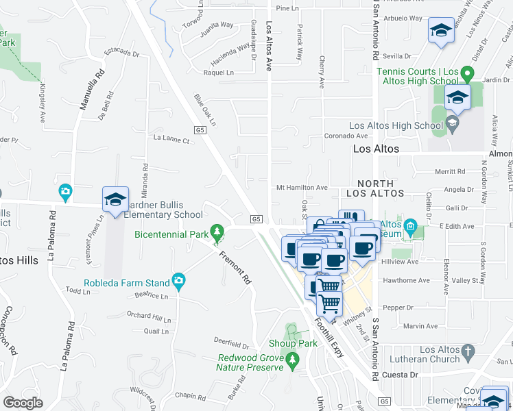 map of restaurants, bars, coffee shops, grocery stores, and more near 50 Los Altos Avenue in Los Altos