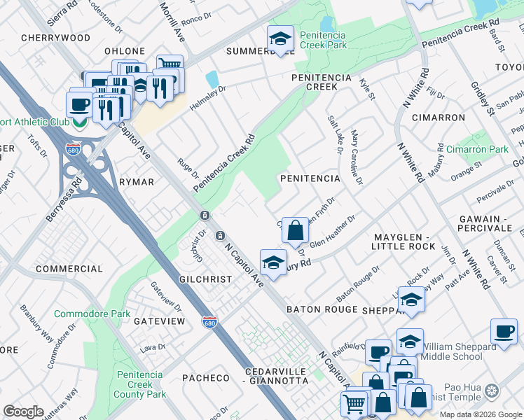 map of restaurants, bars, coffee shops, grocery stores, and more near 830 North Capitol Avenue in San Jose