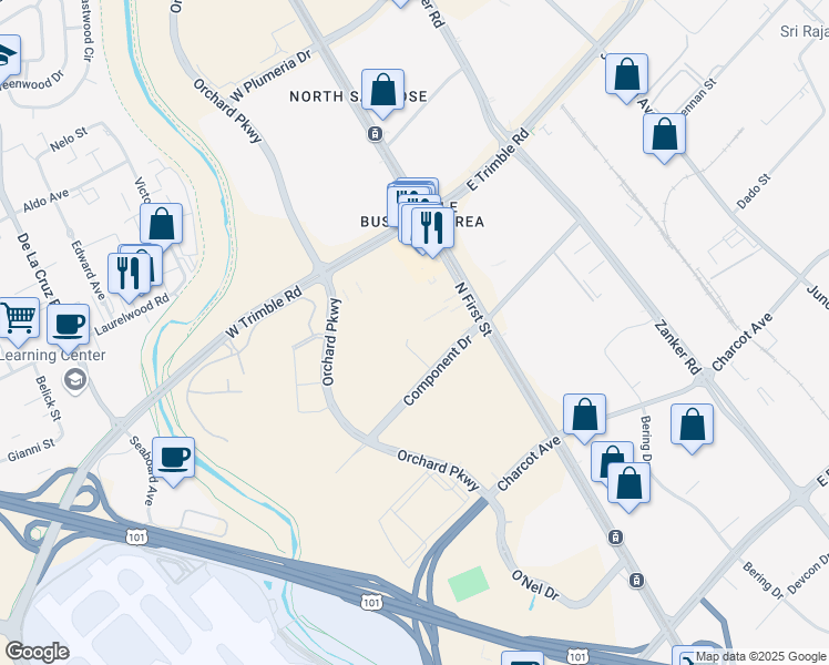 map of restaurants, bars, coffee shops, grocery stores, and more near 2535 North 1st Street in San Jose