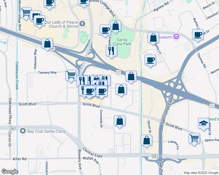 map of restaurants, bars, coffee shops, grocery stores, and more near 2595 Augustine Drive in Santa Clara