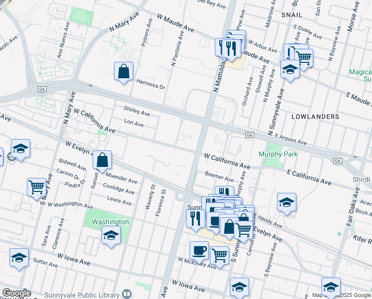 map of restaurants, bars, coffee shops, grocery stores, and more near 221 North Mathilda Avenue in Sunnyvale