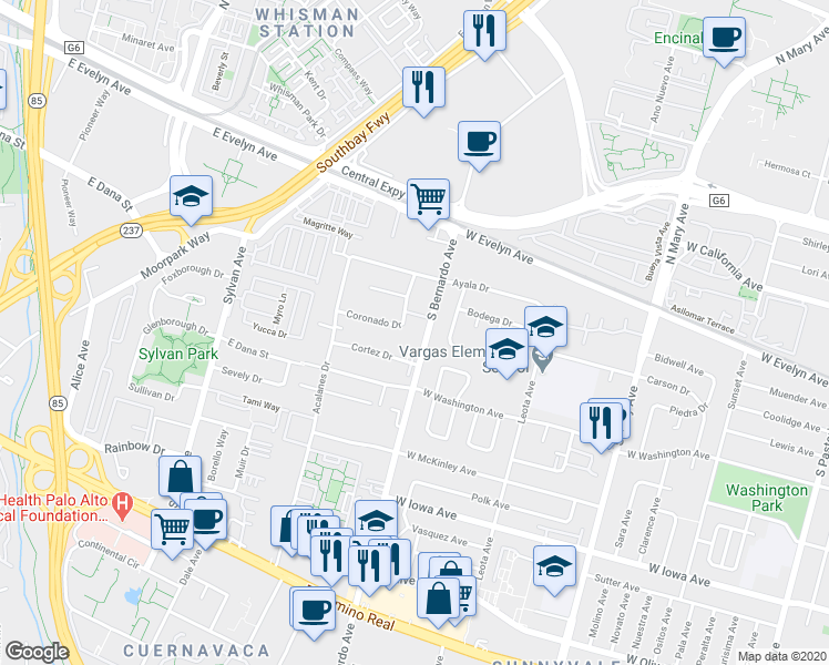 map of restaurants, bars, coffee shops, grocery stores, and more near 162 South Bernardo Avenue in Sunnyvale