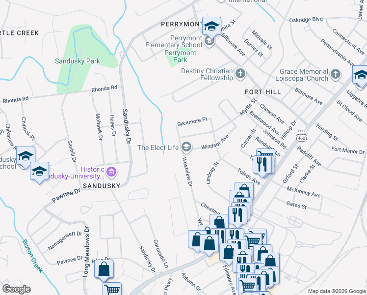 map of restaurants, bars, coffee shops, grocery stores, and more near 4922 Myrtle Street in Lynchburg