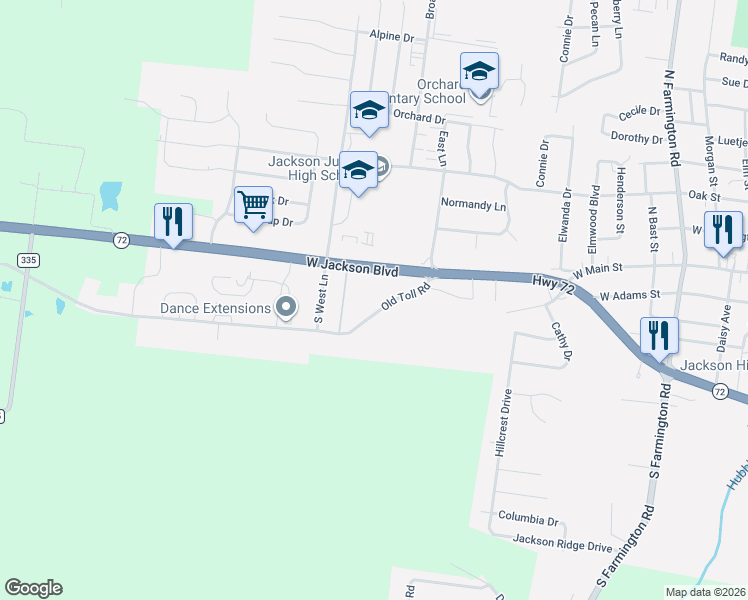 map of restaurants, bars, coffee shops, grocery stores, and more near 1605 Missouri 72 in Jackson