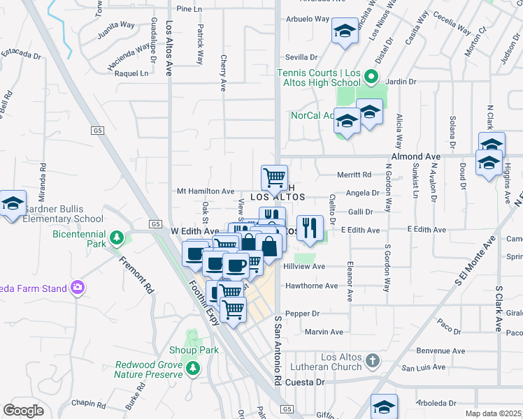 map of restaurants, bars, coffee shops, grocery stores, and more near 36 Mount Hamilton Avenue in Los Altos