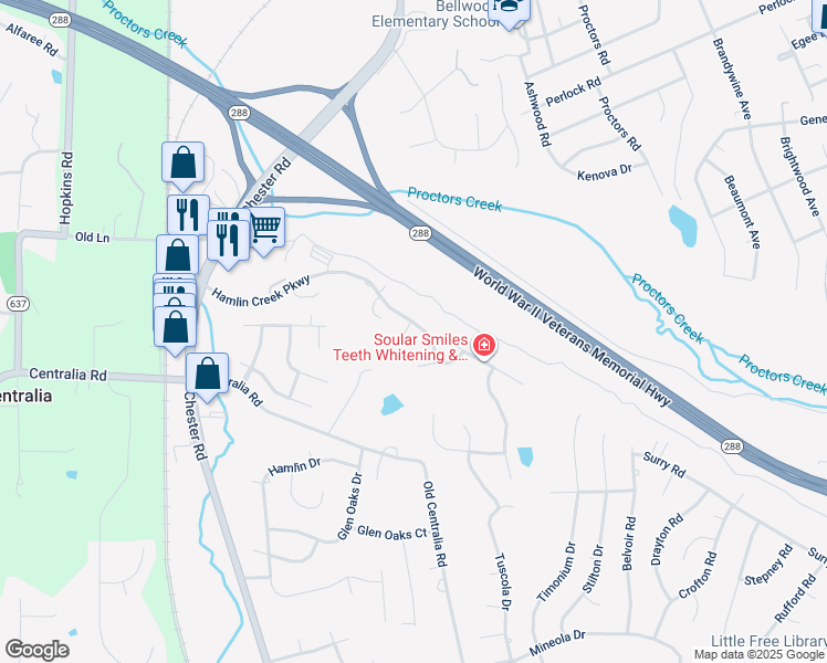 map of restaurants, bars, coffee shops, grocery stores, and more near 3637 Hamlin Creek Parkway in Chester