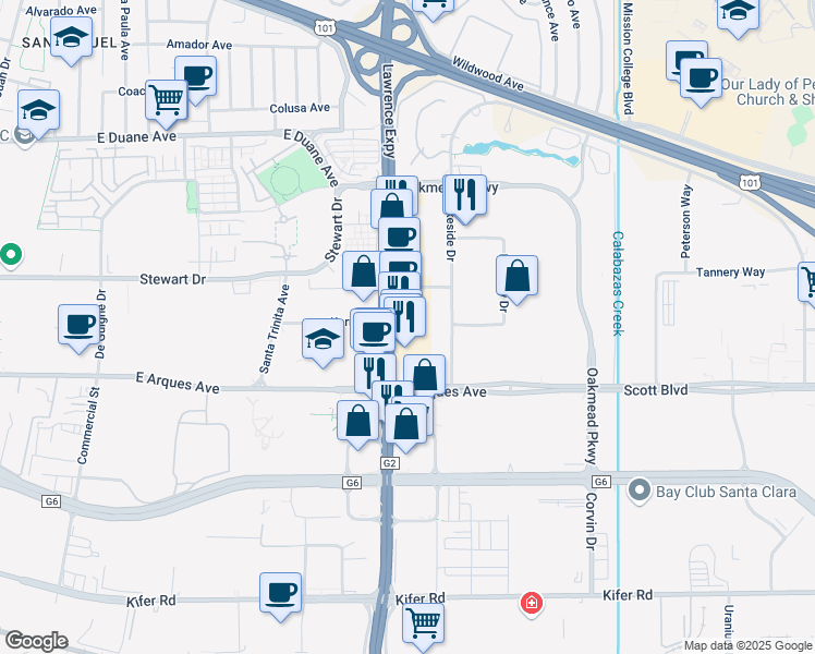 map of restaurants, bars, coffee shops, grocery stores, and more near 530 Lawrence Expy in Sunnyvale