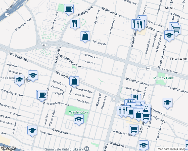 map of restaurants, bars, coffee shops, grocery stores, and more near 800 West California Avenue in Sunnyvale