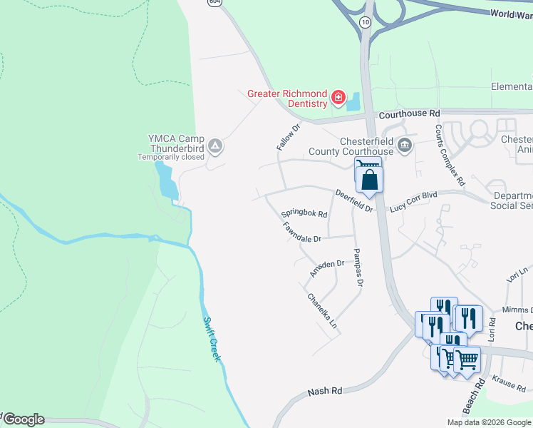 map of restaurants, bars, coffee shops, grocery stores, and more near 7622 Fawndale Drive in Chesterfield