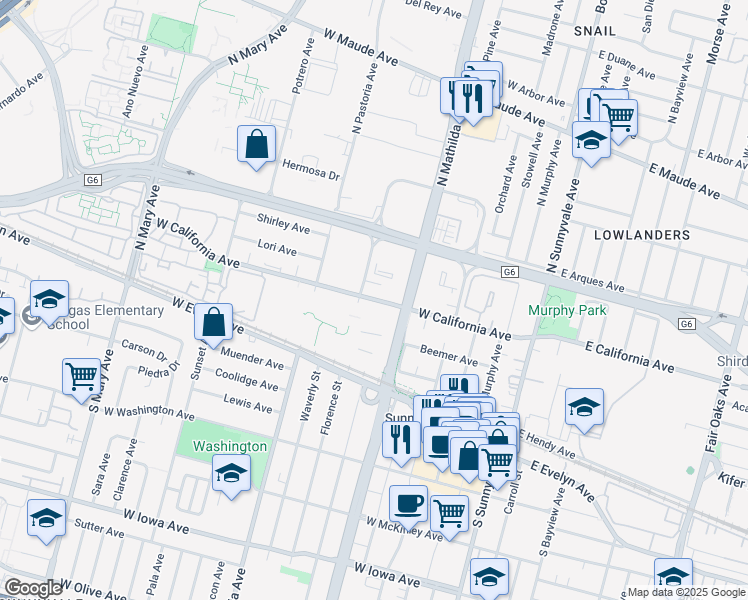 map of restaurants, bars, coffee shops, grocery stores, and more near 680 West California Avenue in Sunnyvale