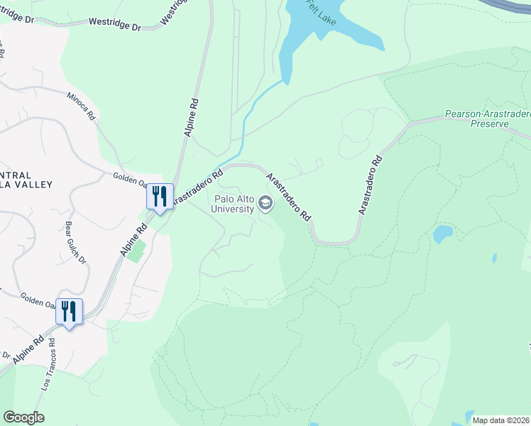 map of restaurants, bars, coffee shops, grocery stores, and more near 1791 Arastradero Road in Palo Alto