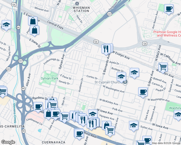 map of restaurants, bars, coffee shops, grocery stores, and more near 1270 Coronado Drive in Sunnyvale