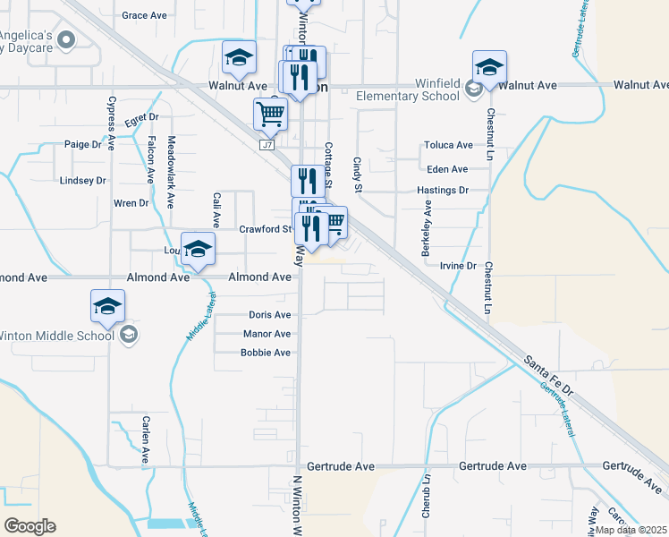 map of restaurants, bars, coffee shops, grocery stores, and more near 6845 Bridget Court in Winton