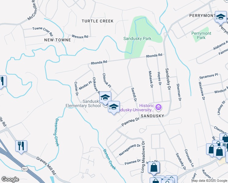 map of restaurants, bars, coffee shops, grocery stores, and more near 805 Chinook Place in Lynchburg