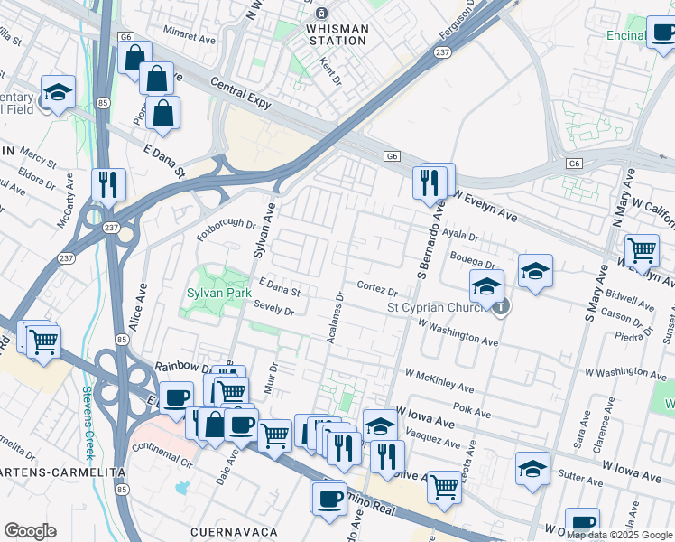 map of restaurants, bars, coffee shops, grocery stores, and more near 183 Acalanes Drive in Sunnyvale
