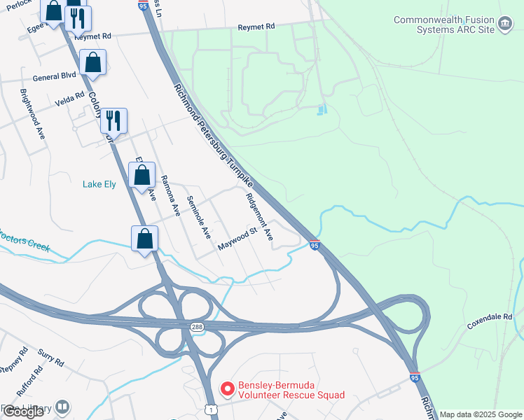 map of restaurants, bars, coffee shops, grocery stores, and more near 10521 Ridgemont Avenue in Richmond