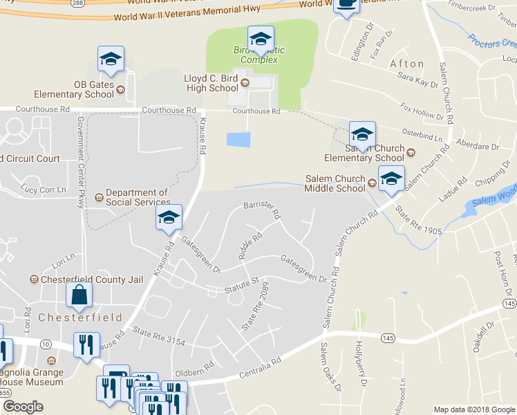 map of restaurants, bars, coffee shops, grocery stores, and more near 6229 Barrister Road in Chesterfield