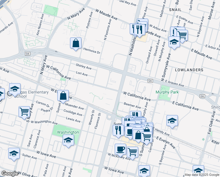 map of restaurants, bars, coffee shops, grocery stores, and more near 221 North Mathilda Avenue in Sunnyvale