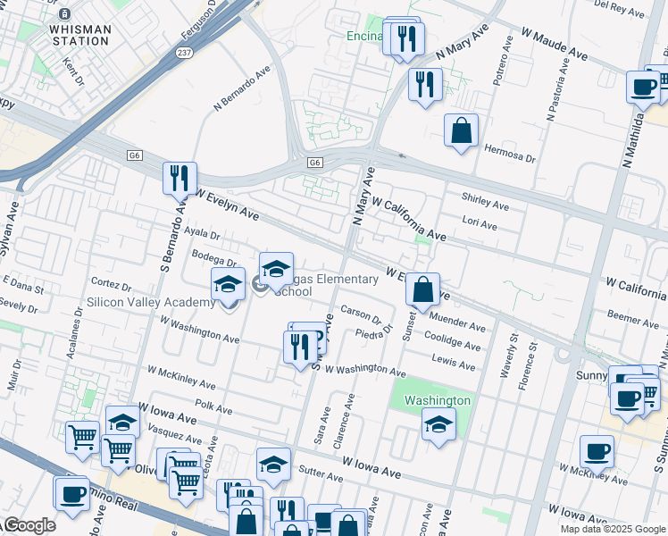 map of restaurants, bars, coffee shops, grocery stores, and more near 1026 West Evelyn Avenue in Sunnyvale