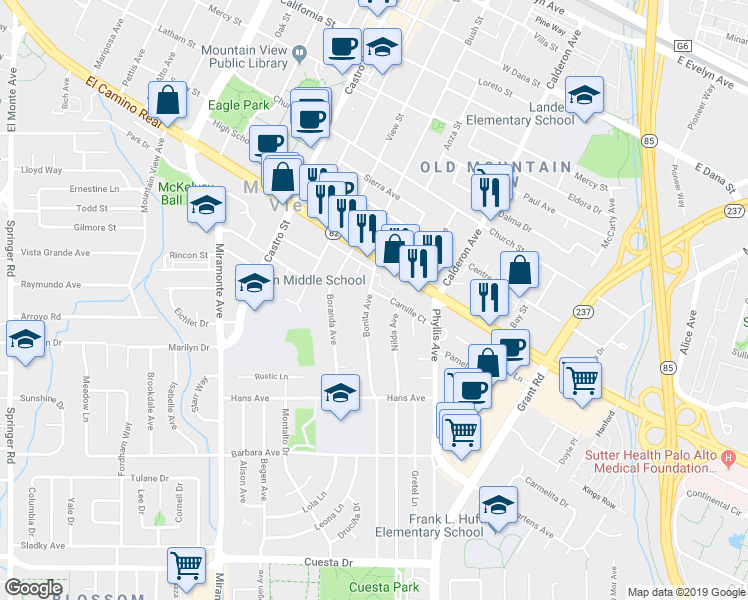 map of restaurants, bars, coffee shops, grocery stores, and more near 909 Bonita Avenue in Mountain View
