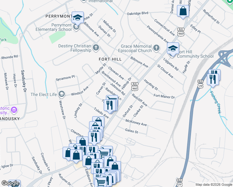 map of restaurants, bars, coffee shops, grocery stores, and more near 921 Johnson Road in Lynchburg