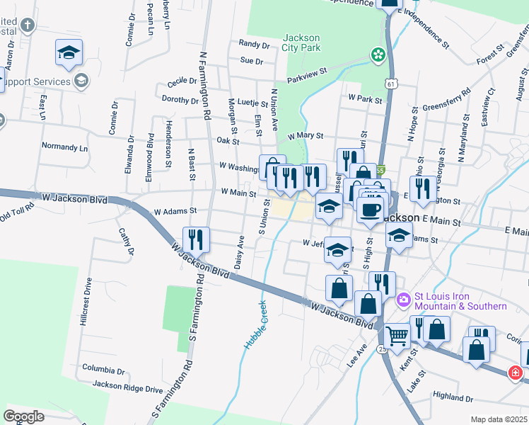 map of restaurants, bars, coffee shops, grocery stores, and more near 605 West Main Street in Jackson