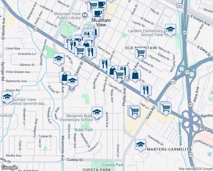 map of restaurants, bars, coffee shops, grocery stores, and more near 909 Bonita Avenue in Mountain View